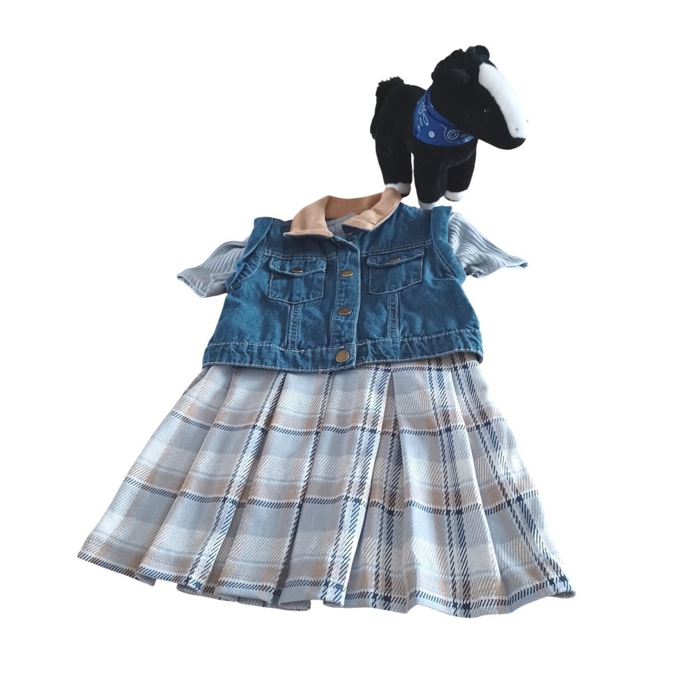 Little Lass Girls 4T Plaid Dress and Denim Vest 2-Piece Set Blue Tan New
